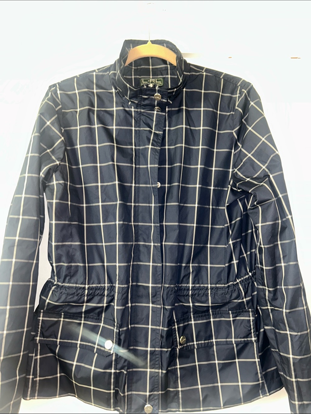 L-RL Ralph Lauren Active Womens Size M Blue Plaid Rain Coat Windbreaker